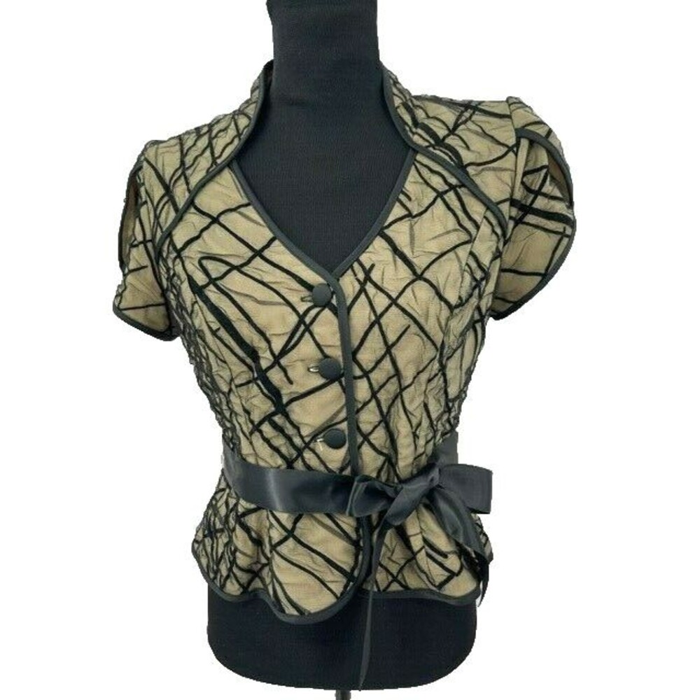 JS Collection Womens Blouse Size 10 Beige Black Button Front Black Ribbon Belt